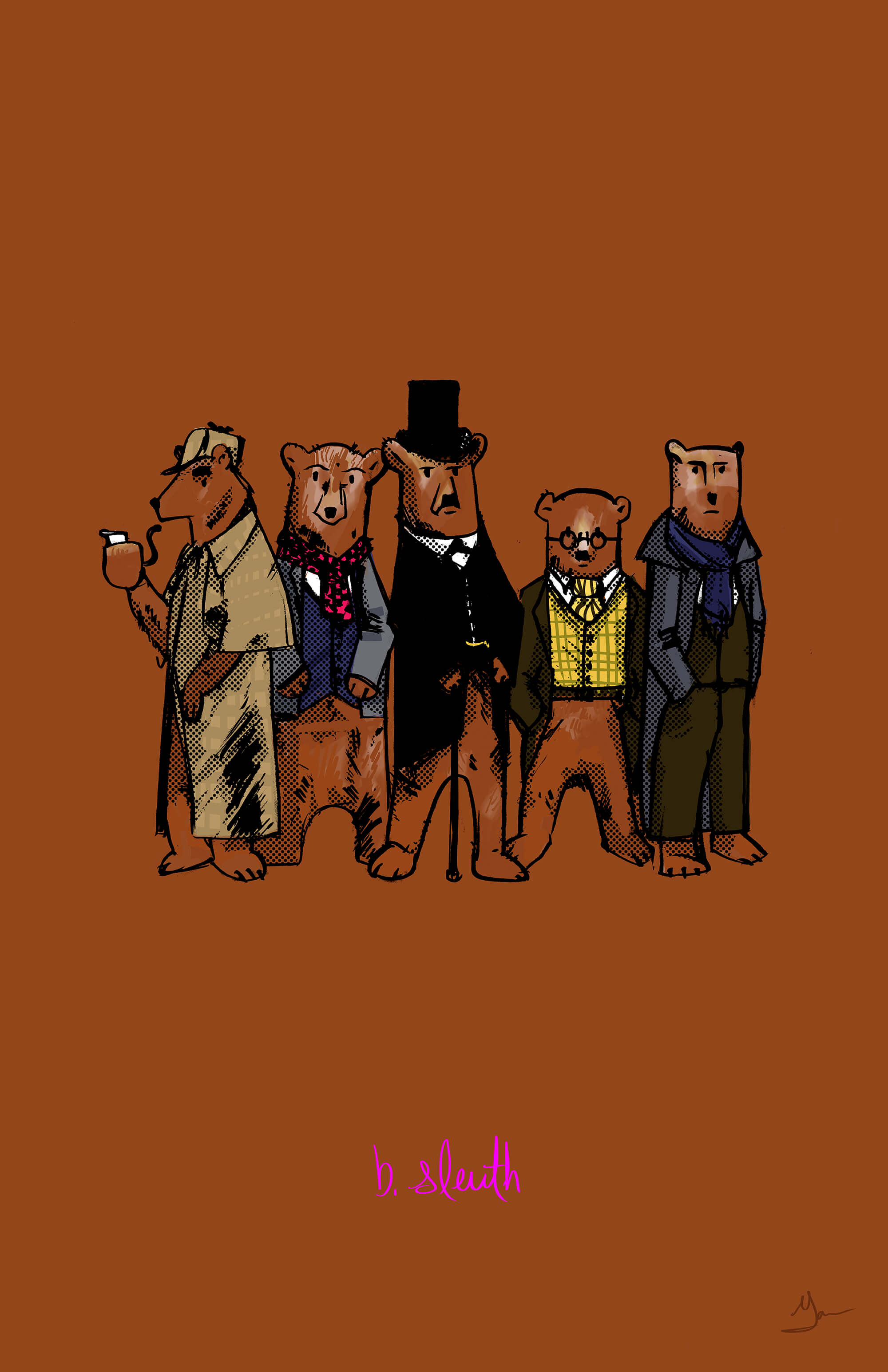 Five bears dressed up as Sherlock Holmes.
