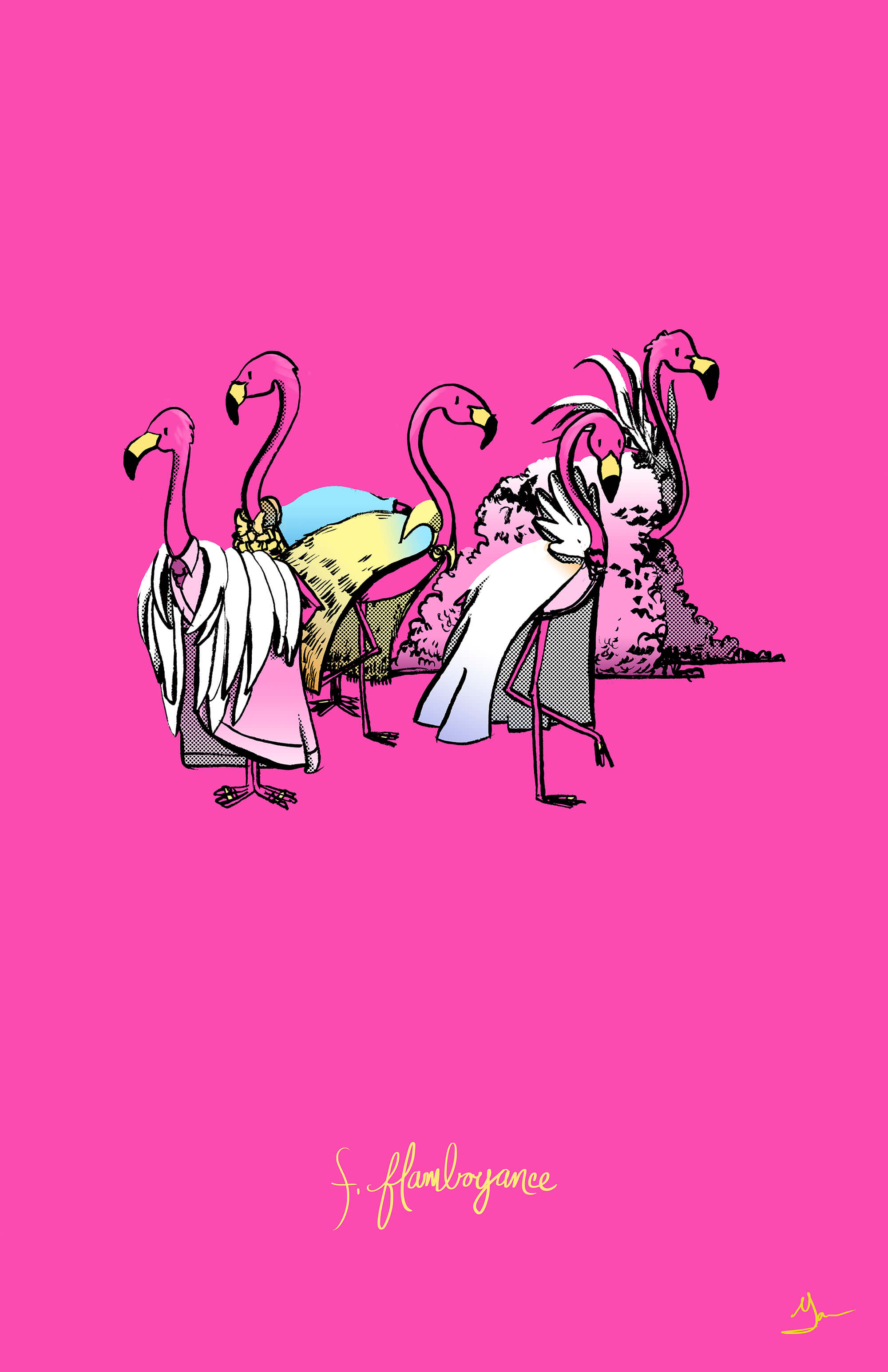 A group of flamingos are wearing bright capes and sunglasses.