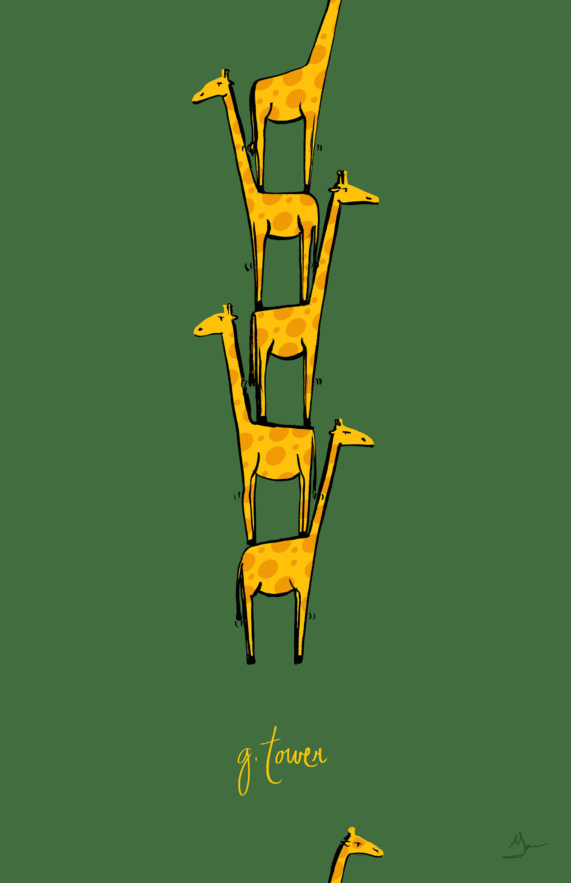 Giraffes standing on top of each others backs.