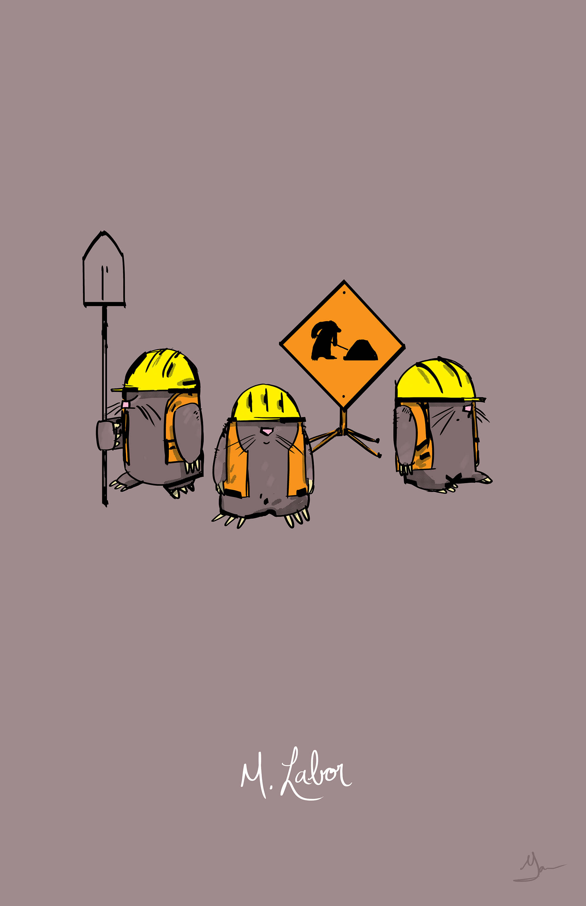 Moles dressed as construction workers at a job site.