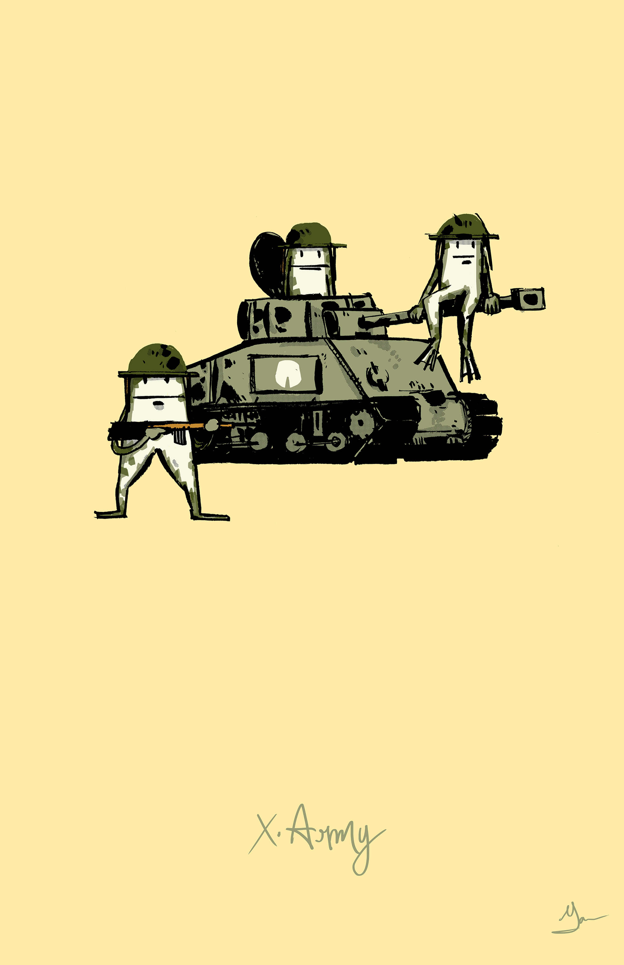 Three frogs, each with army helmets. One is in a tank.