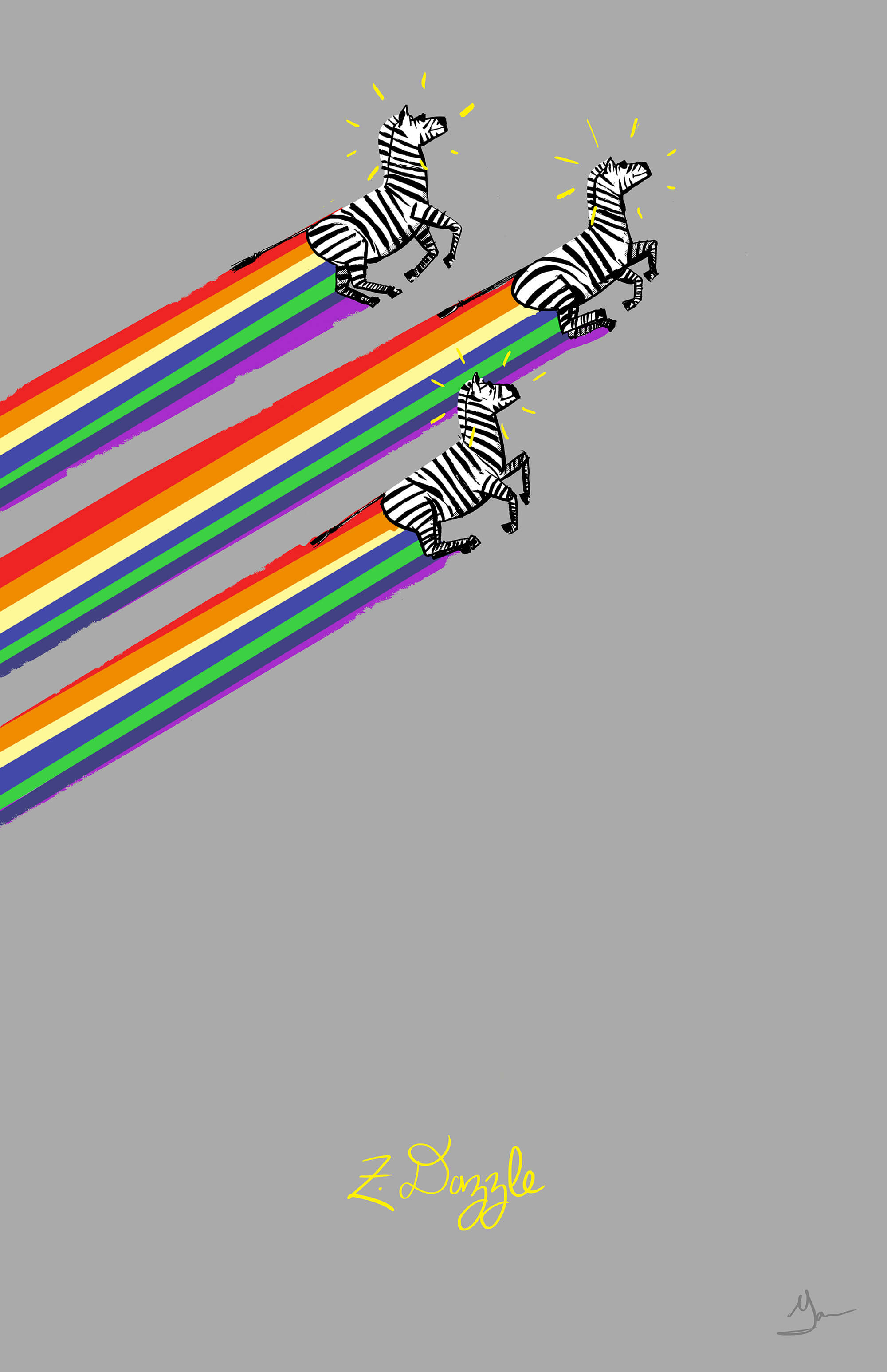 Three zebras flying through air, rainbows trailing behind them.